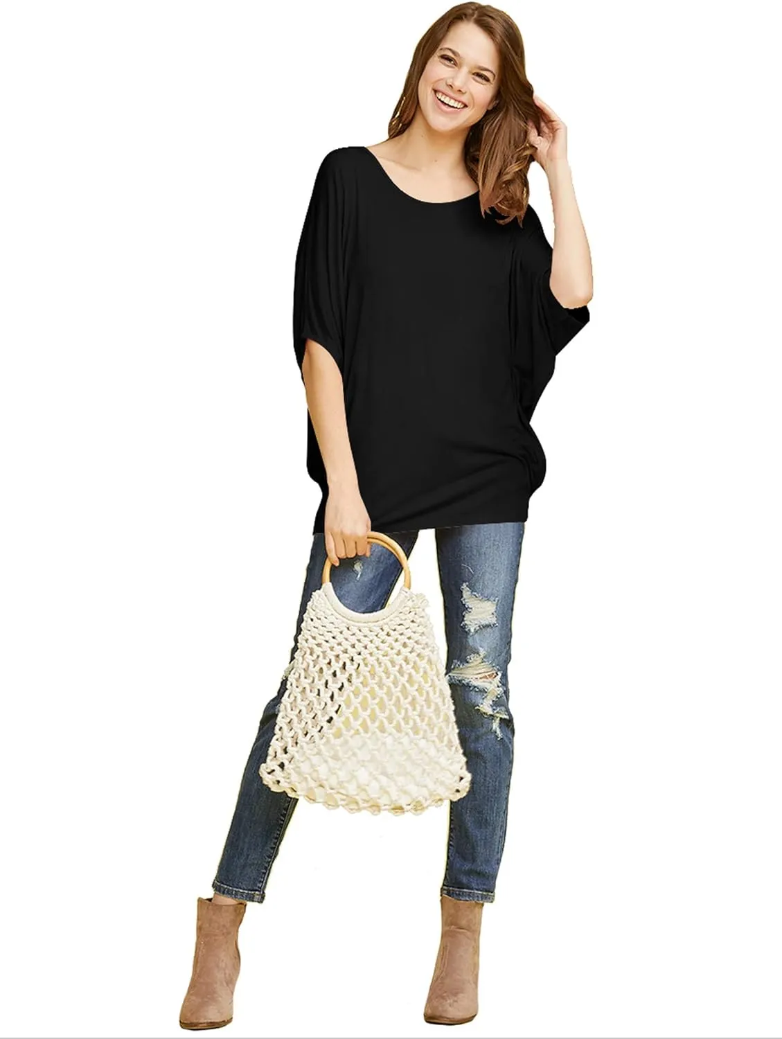 Made By Johnny Women's Scoop Neck Half Sleeve Batwing Dolman Top - Plus Size