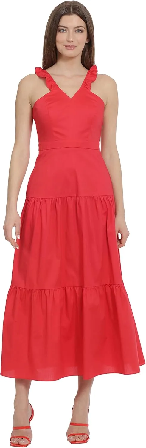Maggy London Women's Ruffle V-Neck Halter Tiered Maxi Vacation Resort Event Guest of