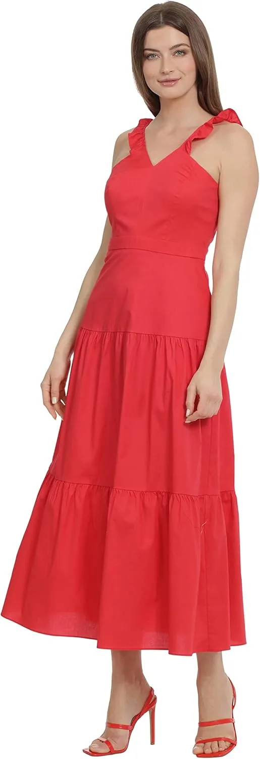 Maggy London Women's Ruffle V-Neck Halter Tiered Maxi Vacation Resort Event Guest of