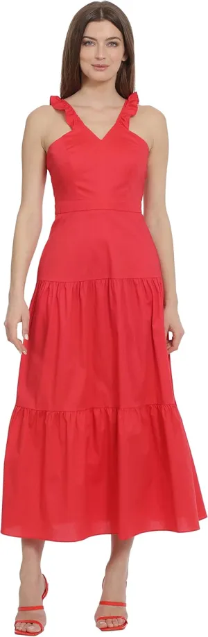 Maggy London Women's Ruffle V-Neck Halter Tiered Maxi Vacation Resort Event Guest of