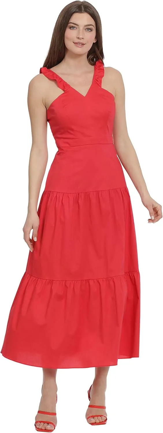 Maggy London Women's Ruffle V-Neck Halter Tiered Maxi Vacation Resort Event Guest of