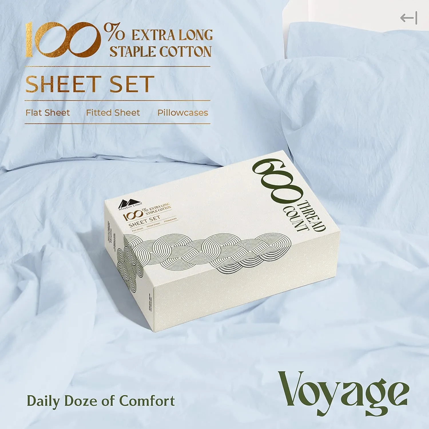 Mayfair Linen 100% Egyptian Cotton Sheets King Size Bed Set - 4 PC 600 Thread Count King Sheets Set Egyptian Cotton (Light Blue), Soft, Cooling, 16" Deep Pocket Sateen Weave Luxury Hotel Bedsheet
