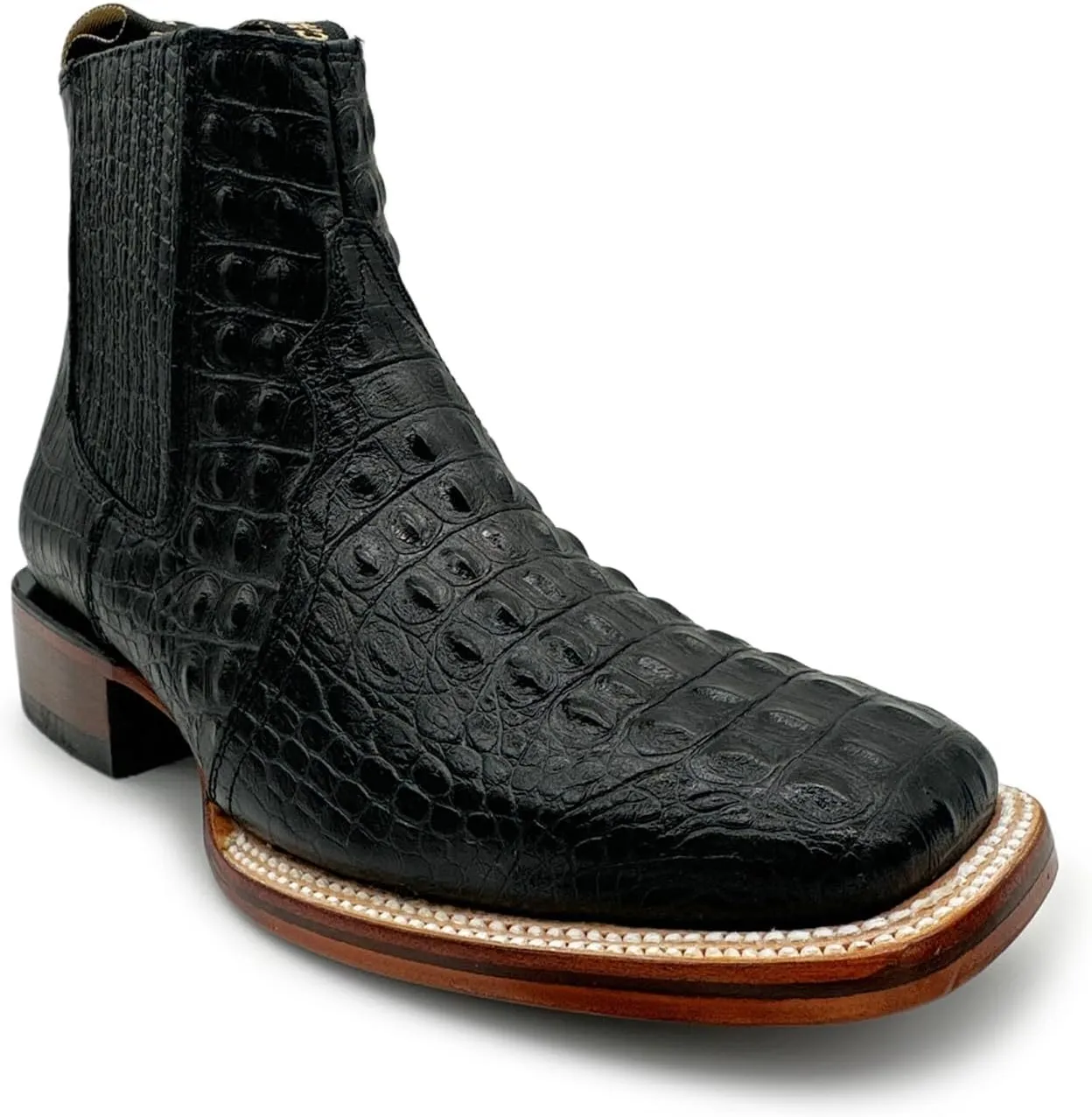 Mens Leather Short Ankle Cowboy Boot With Embossed Crocodile Print