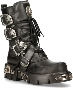 New Rock Men's Metallic 391 Black Reactor Skull Devil Goth Punk Leather Calf Boots
