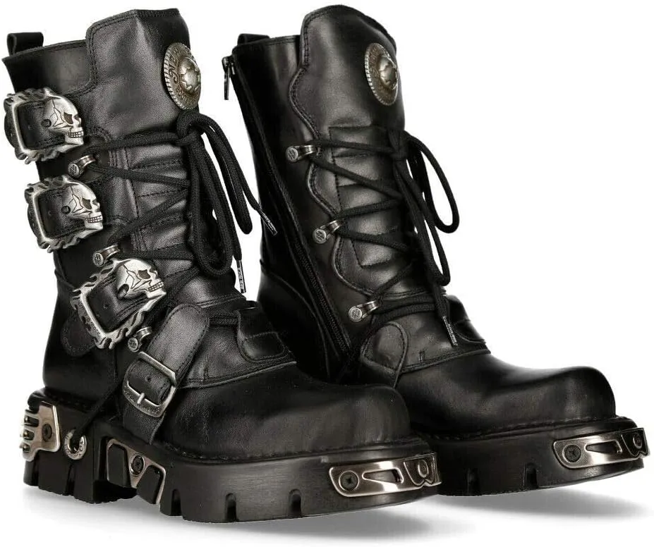 New Rock Men's Metallic 391 Black Reactor Skull Devil Goth Punk Leather Calf Boots