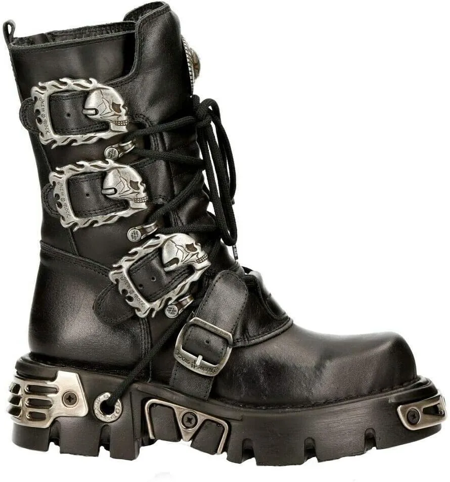 New Rock Men's Metallic 391 Black Reactor Skull Devil Goth Punk Leather Calf Boots