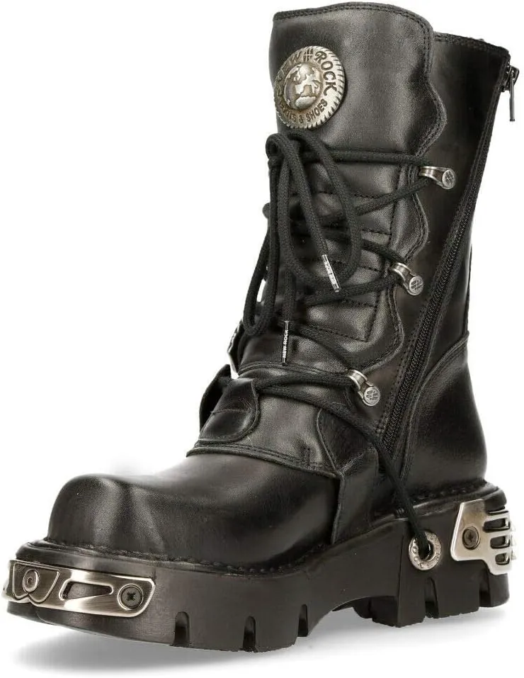 New Rock Men's Metallic 391 Black Reactor Skull Devil Goth Punk Leather Calf Boots