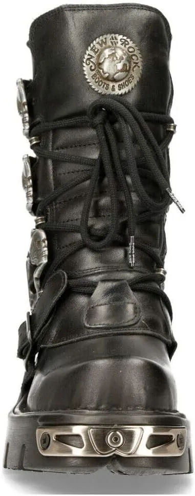 New Rock Men's Metallic 391 Black Reactor Skull Devil Goth Punk Leather Calf Boots