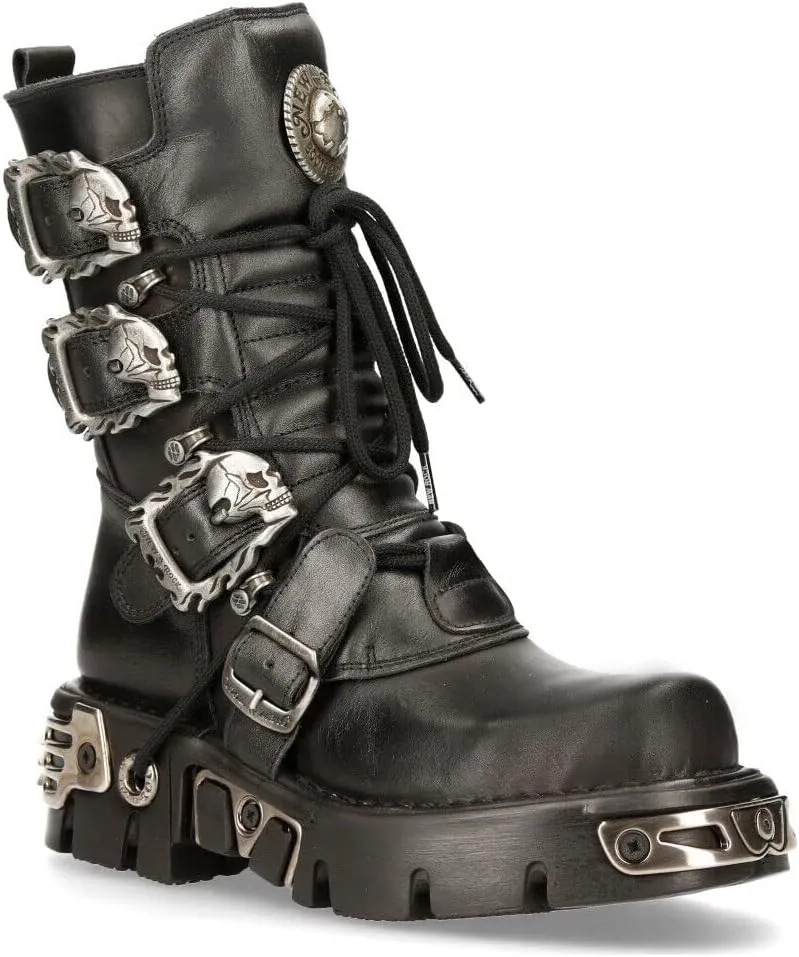 New Rock Men's Metallic 391 Black Reactor Skull Devil Goth Punk Leather Calf Boots