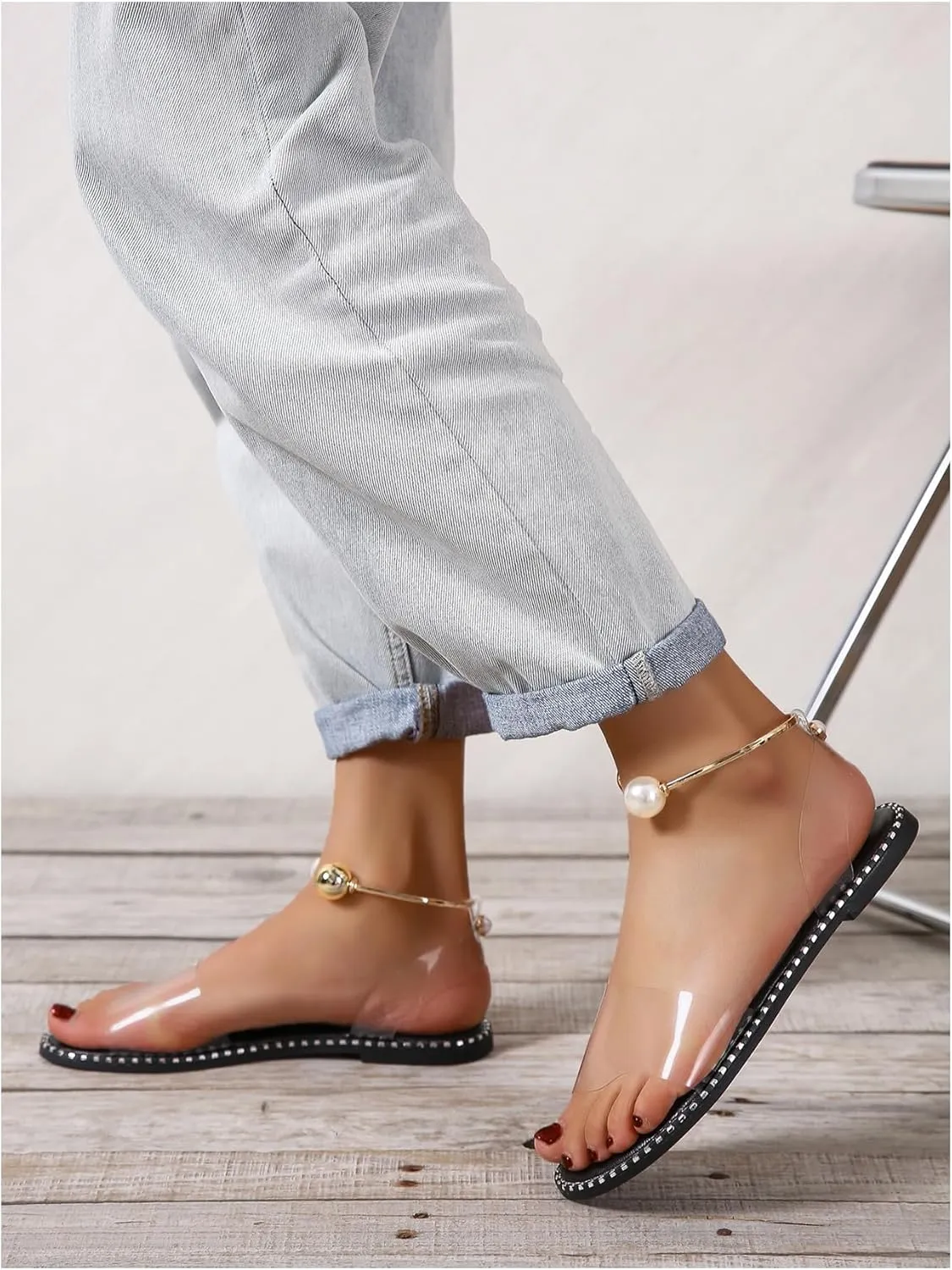 OYOANGLE Women's Pearl Decor Clear Straps Open Toe Flat Sandals Leather Outdoor Beach Sandals