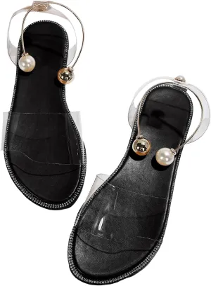 OYOANGLE Women's Pearl Decor Clear Straps Open Toe Flat Sandals Leather Outdoor Beach Sandals