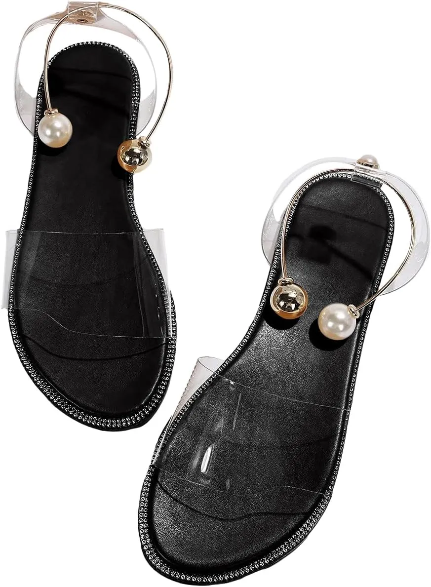 OYOANGLE Women's Pearl Decor Clear Straps Open Toe Flat Sandals Leather Outdoor Beach Sandals
