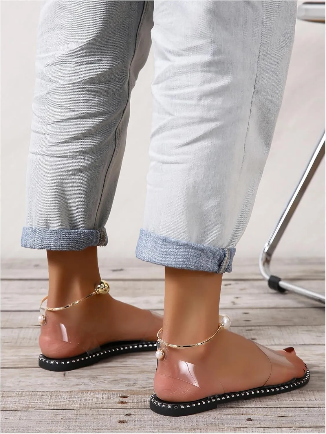 OYOANGLE Women's Pearl Decor Clear Straps Open Toe Flat Sandals Leather Outdoor Beach Sandals