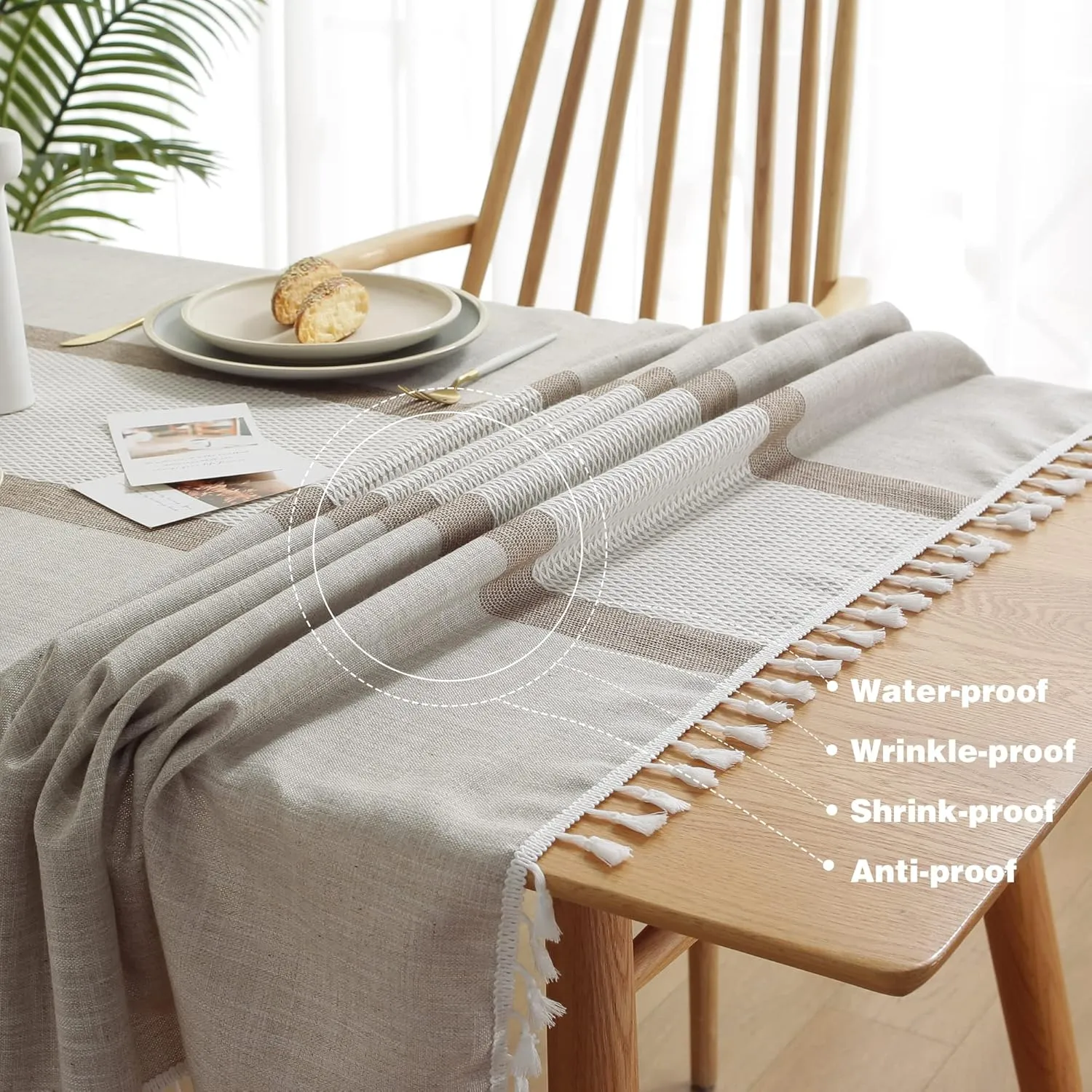 Pahajim Rustic Table Cover Fall Table Cloth with Tassels Linen Tablecloth Vinyl tablecloths for Rectangle Tables Christmas (Double Stripe Coffee, Rectangle/Oblong，55 x 94 Inch,8-10 Seats)