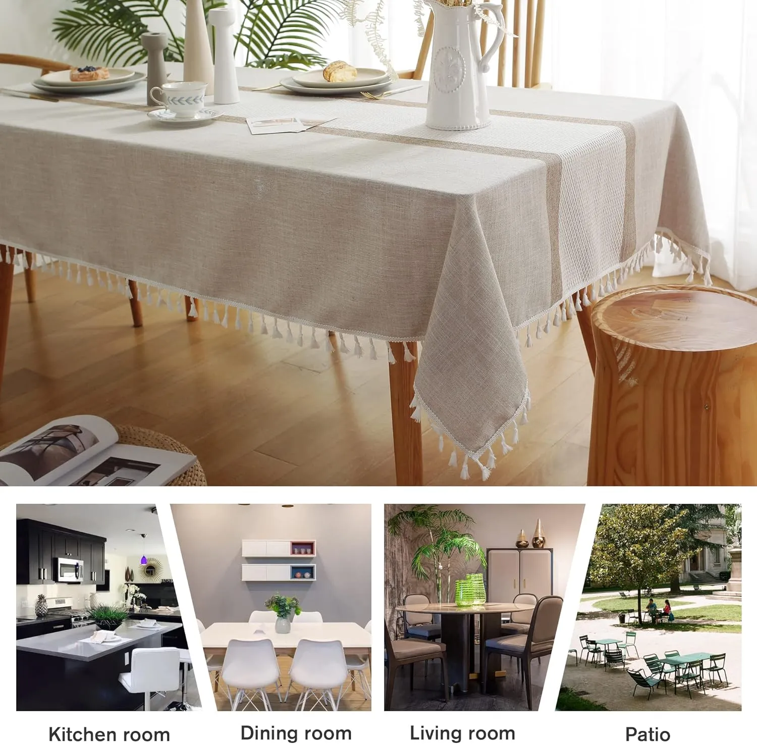 Pahajim Rustic Table Cover Fall Table Cloth with Tassels Linen Tablecloth Vinyl tablecloths for Rectangle Tables Christmas (Double Stripe Coffee, Rectangle/Oblong，55 x 94 Inch,8-10 Seats)