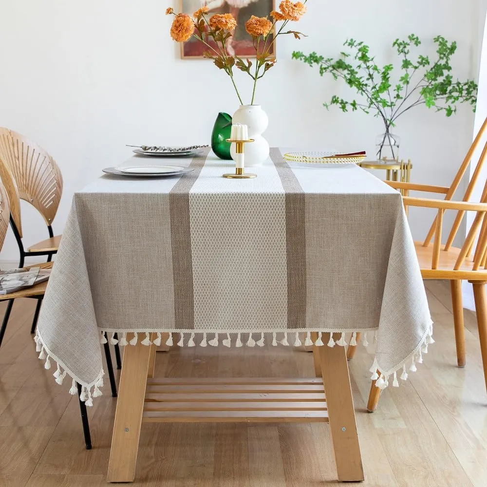 Pahajim Rustic Table Cover Fall Table Cloth with Tassels Linen Tablecloth Vinyl tablecloths for Rectangle Tables Christmas (Double Stripe Coffee, Rectangle/Oblong，55 x 94 Inch,8-10 Seats)