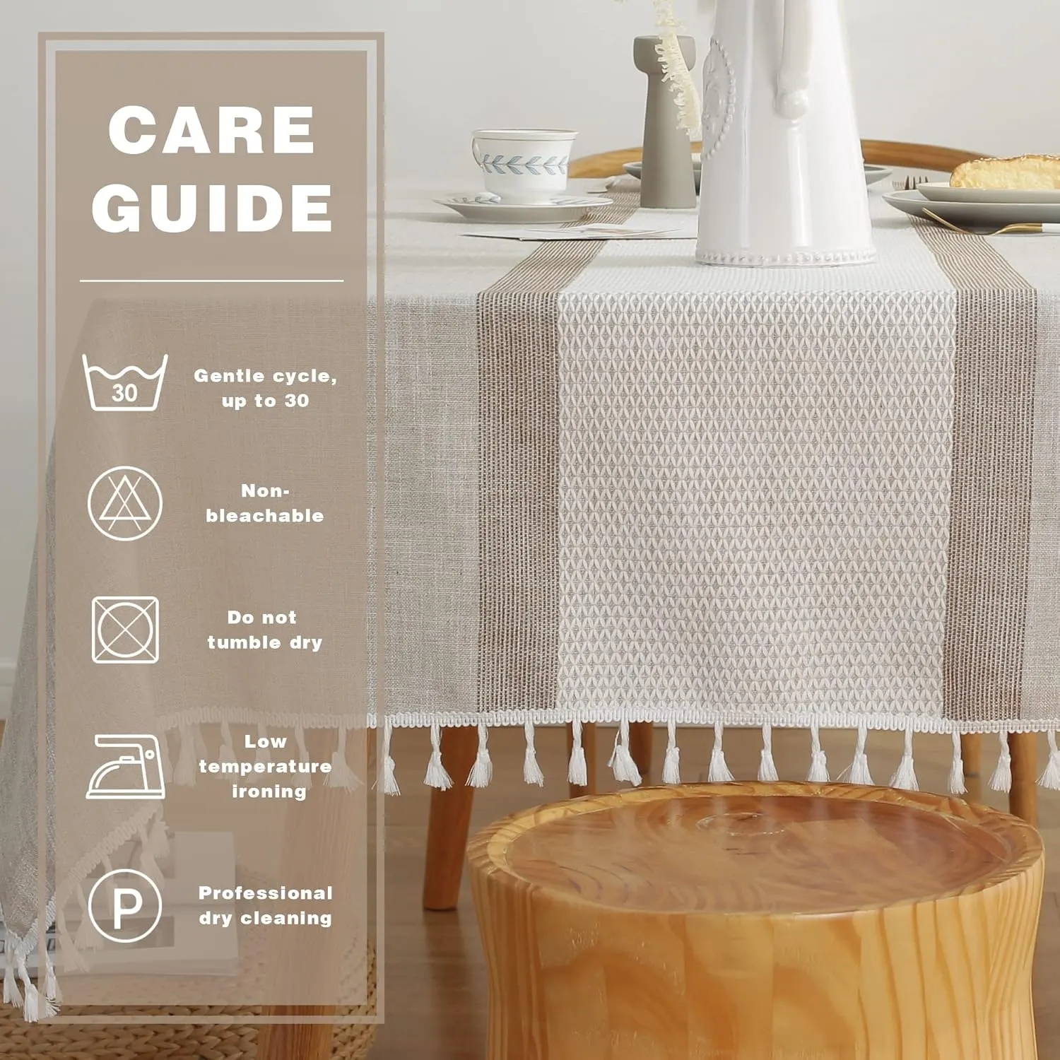 Pahajim Rustic Table Cover Fall Table Cloth with Tassels Linen Tablecloth Vinyl tablecloths for Rectangle Tables Christmas (Double Stripe Coffee, Rectangle/Oblong，55 x 94 Inch,8-10 Seats)