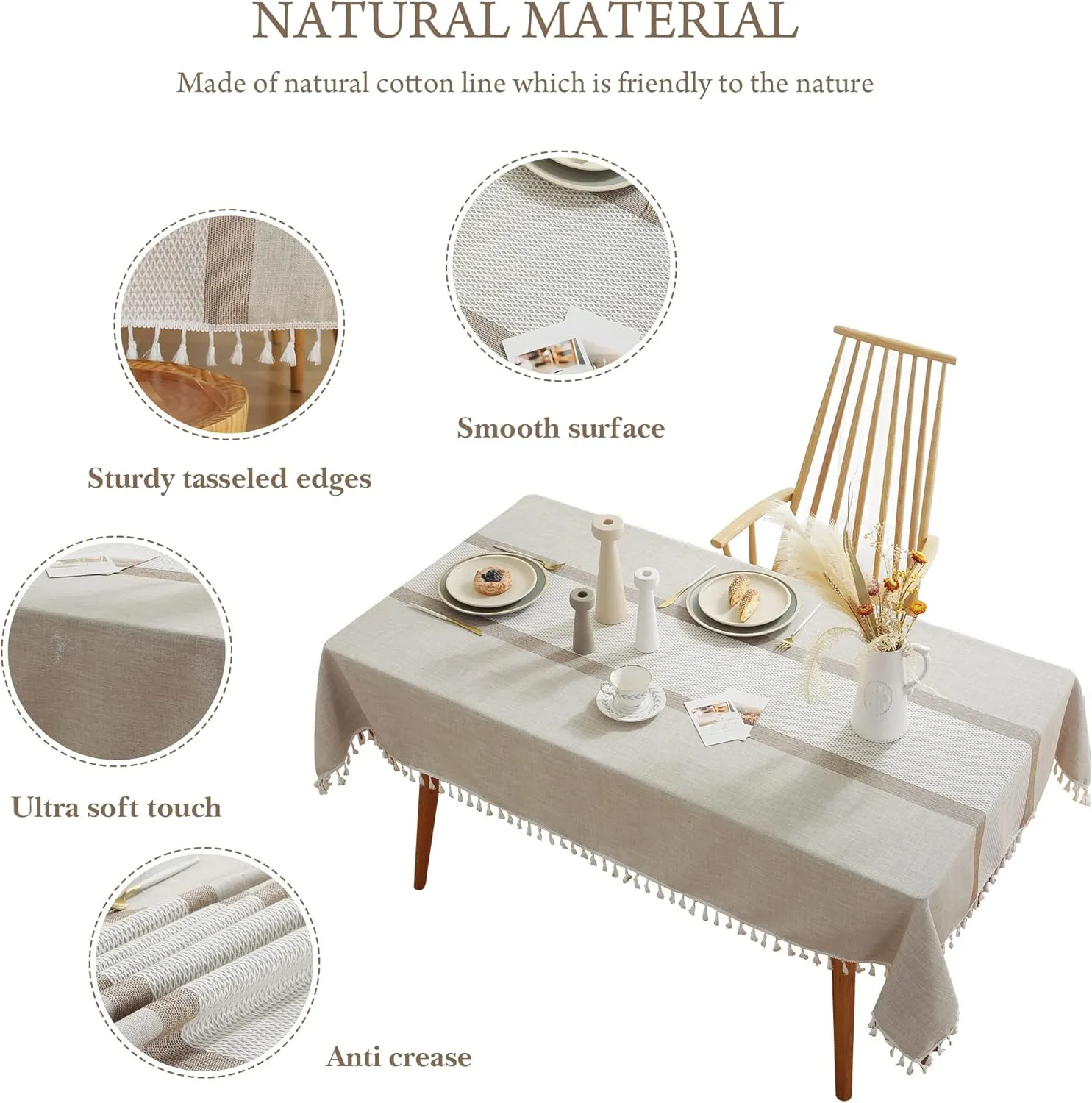 Pahajim Rustic Table Cover Fall Table Cloth with Tassels Linen Tablecloth Vinyl tablecloths for Rectangle Tables Christmas (Double Stripe Coffee, Rectangle/Oblong，55 x 94 Inch,8-10 Seats)
