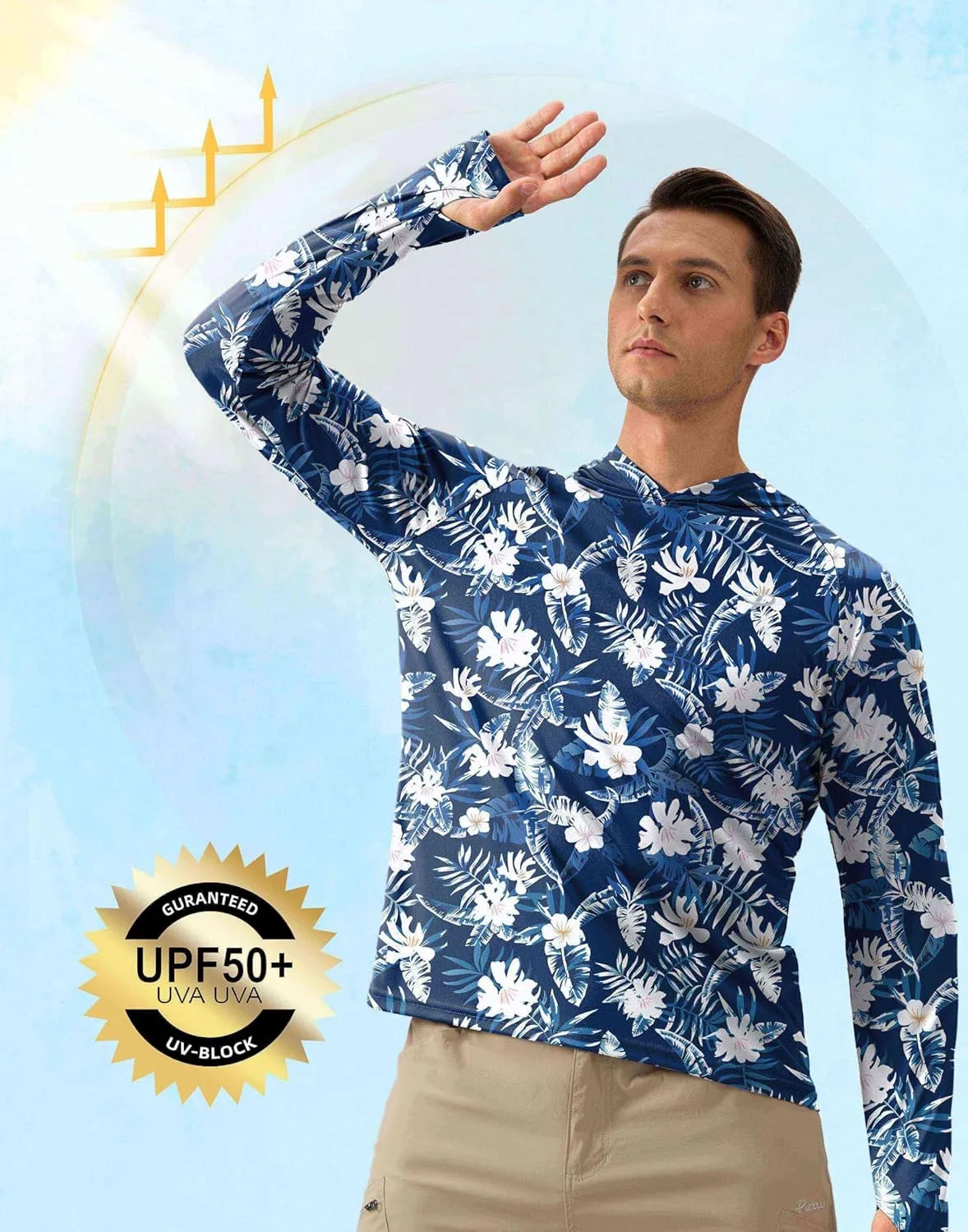 Pudolla Men's Sun Protection Hoodie Shirts UPF 50  Rash Guard SPF Long Sleeve Fishing Shirt for Men Swim Hiking Boating