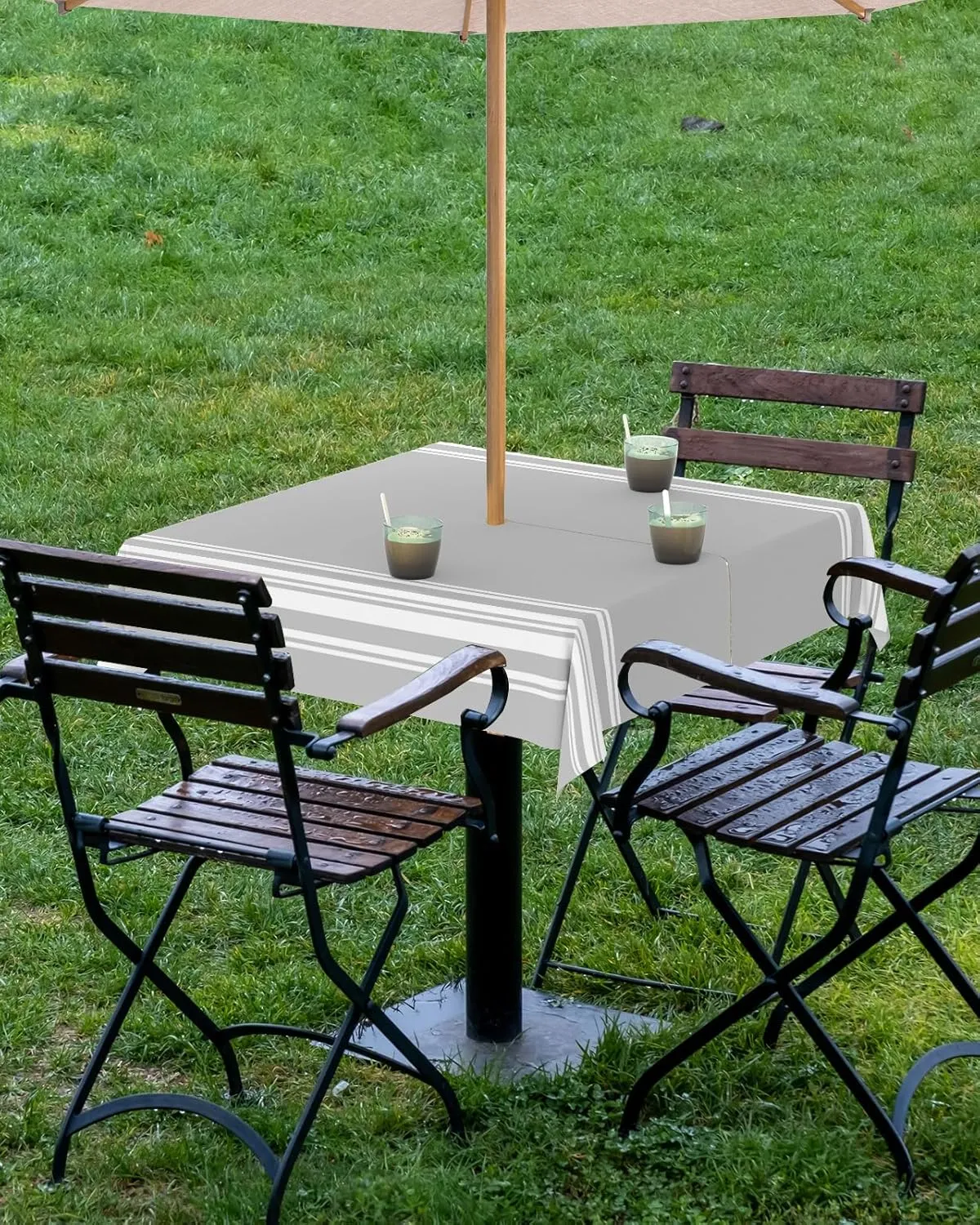 QueenKer Outdoor Tablecloth with Umbrella Hole, Farmhouse Gray White Stripe Square Tables Waterproof Tabletop Collection for Patio, Garden, Picnic, Camping, Dining 54 x 54 inch
