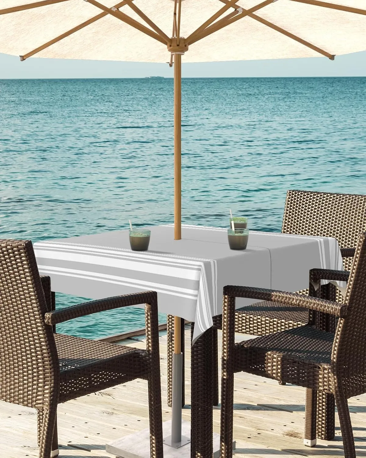 QueenKer Outdoor Tablecloth with Umbrella Hole, Farmhouse Gray White Stripe Square Tables Waterproof Tabletop Collection for Patio, Garden, Picnic, Camping, Dining 54 x 54 inch