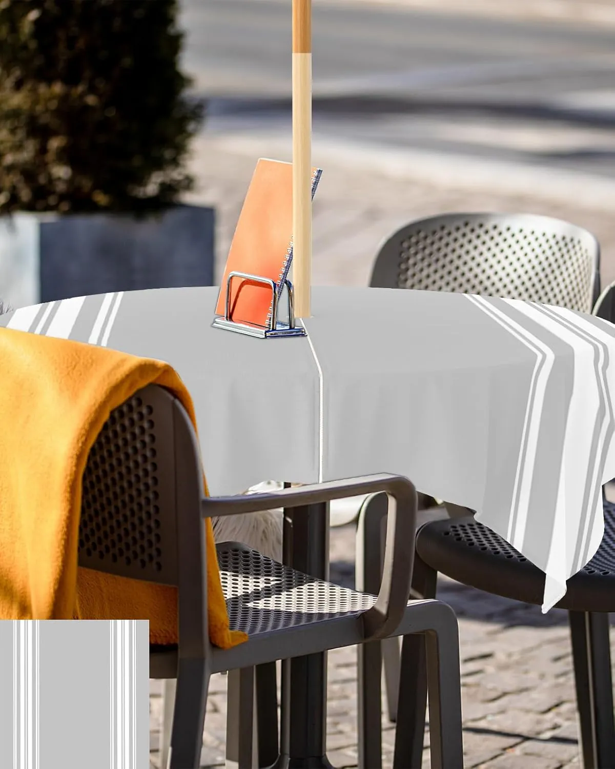 QueenKer Outdoor Tablecloth with Umbrella Hole, Farmhouse Gray White Stripe Square Tables Waterproof Tabletop Collection for Patio, Garden, Picnic, Camping, Dining 54 x 54 inch