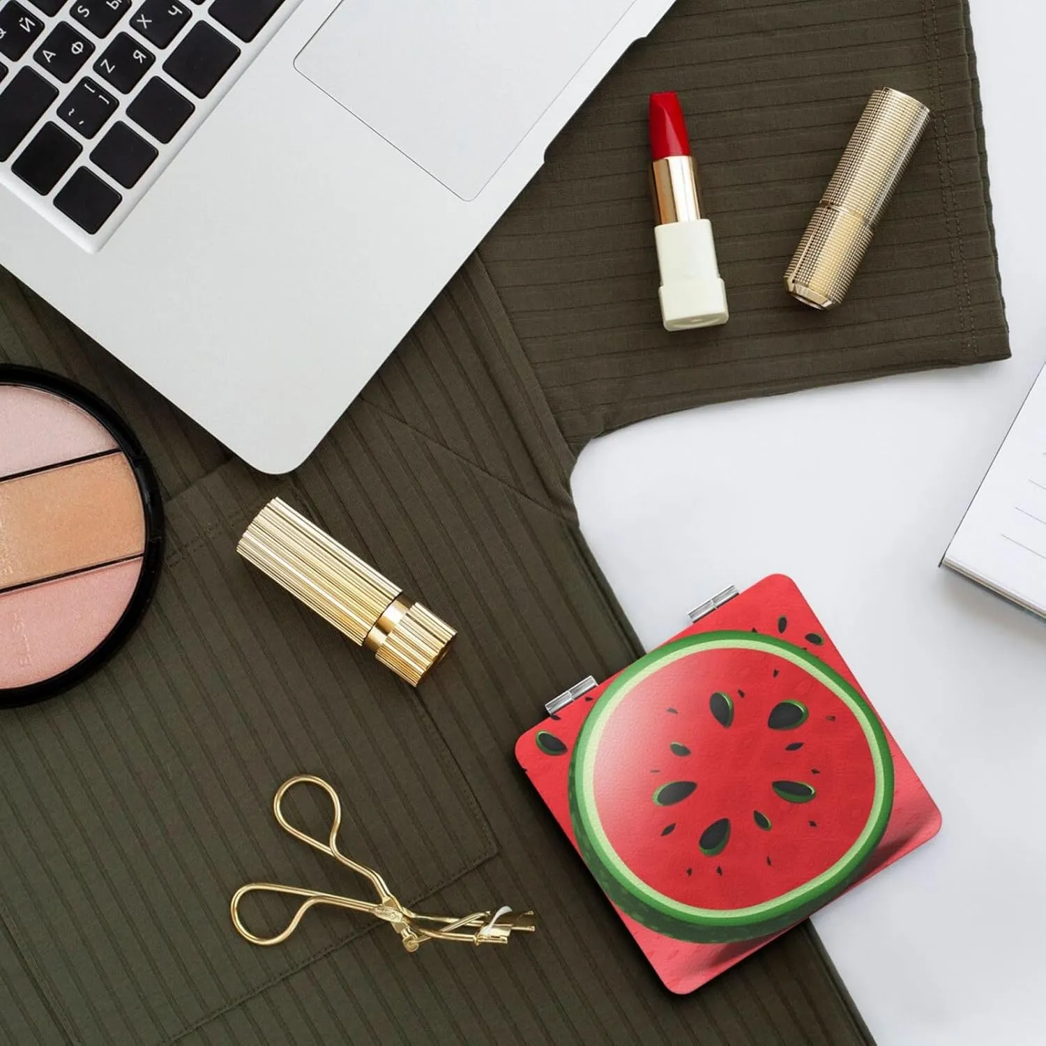 Red Watermelon Printed Square Pocket Makeup Mirror with 1X/2X Magnification, Portable Mini Travel Makeup Mirror for Travel Daily Work Beauty