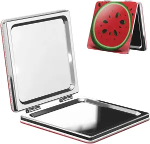 Red Watermelon Printed Square Pocket Makeup Mirror with 1X/2X Magnification, Portable Mini Travel Makeup Mirror for Travel Daily Work Beauty