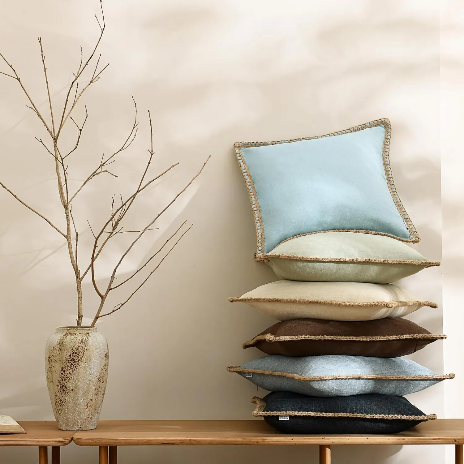 Set of 2 Farmhouse Throw Pillow Covers - Burlap Linen Trimmed Tailored Edges Decorative Cushion Covers for Bed Home Outdoor Decoration, 22" x22", Blue