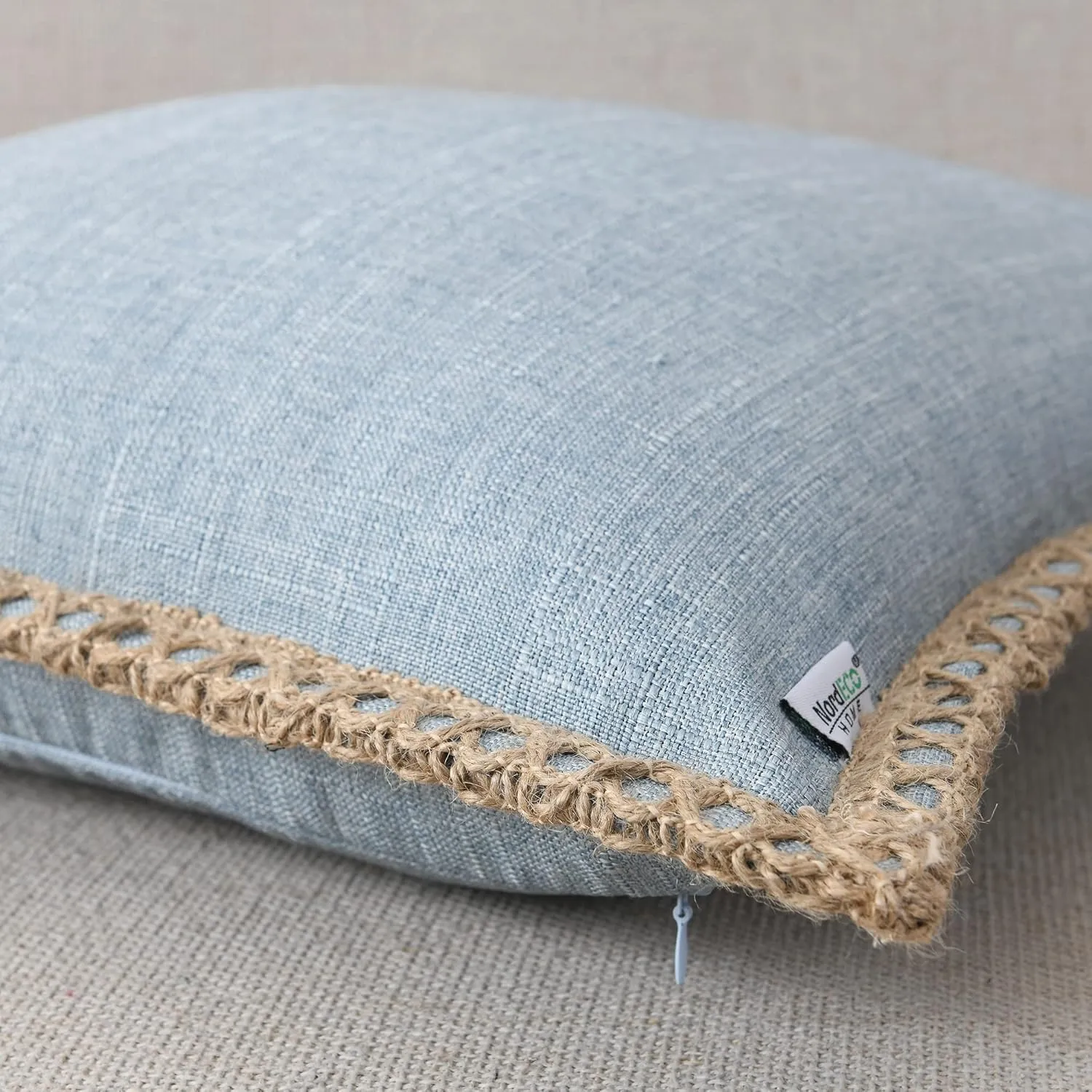 Set of 2 Farmhouse Throw Pillow Covers - Burlap Linen Trimmed Tailored Edges Decorative Cushion Covers for Bed Home Outdoor Decoration, 22" x22", Blue