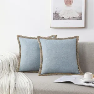 Set of 2 Farmhouse Throw Pillow Covers - Burlap Linen Trimmed Tailored Edges Decorative Cushion Covers for Bed Home Outdoor Decoration, 22" x22", Blue