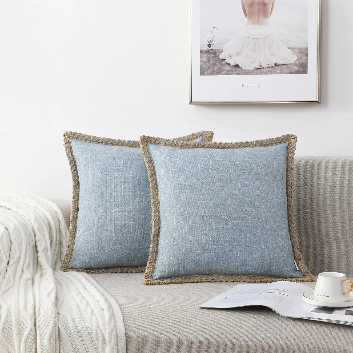 Set of 2 Farmhouse Throw Pillow Covers - Burlap Linen Trimmed Tailored Edges Decorative Cushion Covers for Bed Home Outdoor Decoration, 22" x22", Blue