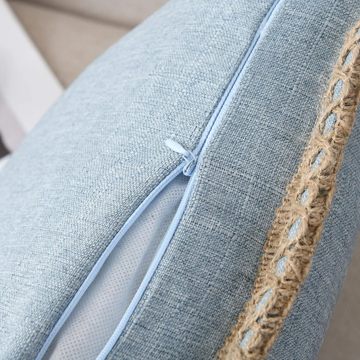 Set of 2 Farmhouse Throw Pillow Covers - Burlap Linen Trimmed Tailored Edges Decorative Cushion Covers for Bed Home Outdoor Decoration, 22" x22", Blue