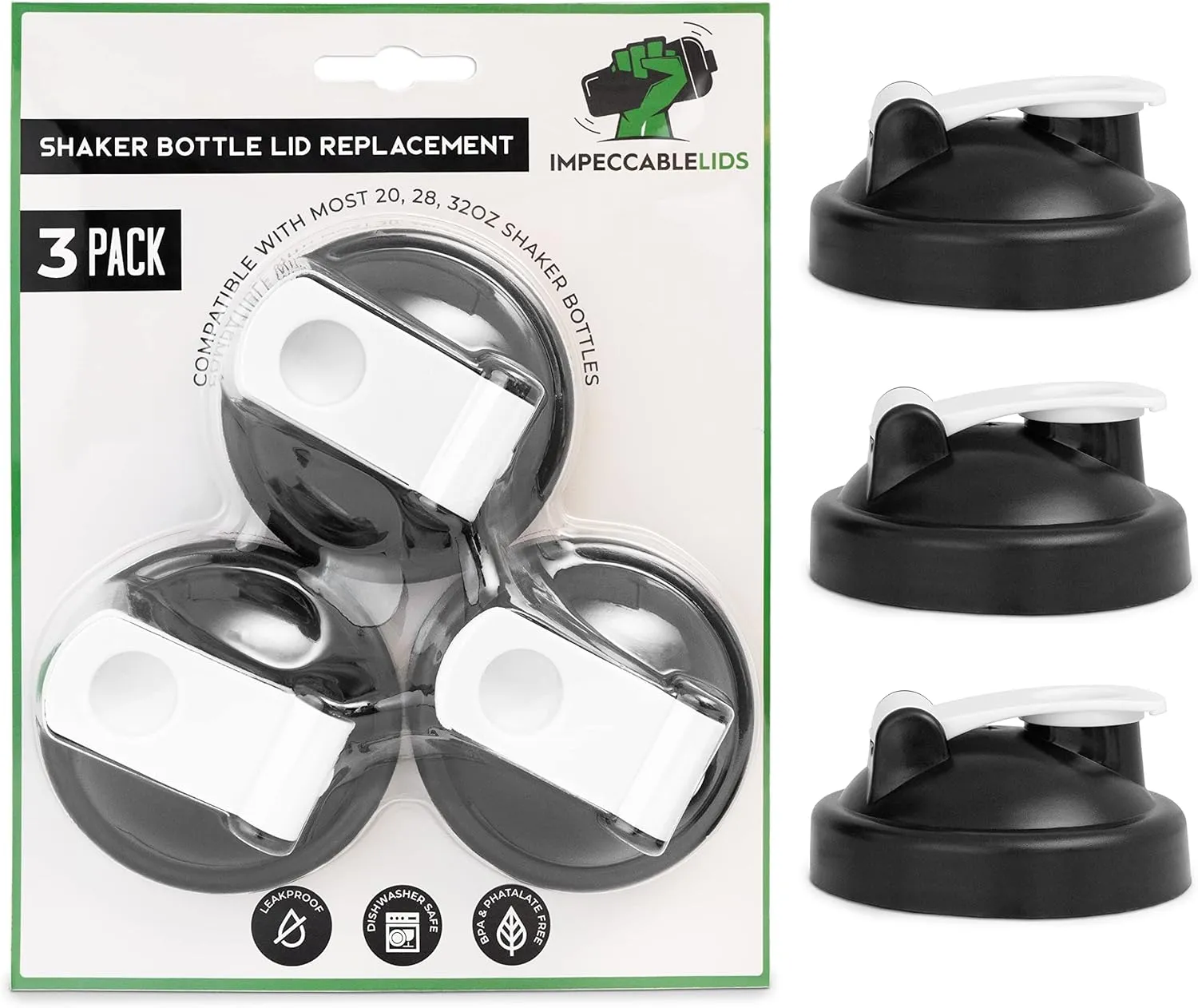 Shaker Bottle Replacement Lid Cap Top - Upgraded 2025 Version - Leak Proof & Compatible with One Brand Only (Initials of Brand are ‘BB’) - Flat & Round Base Bottles (3 Pack)