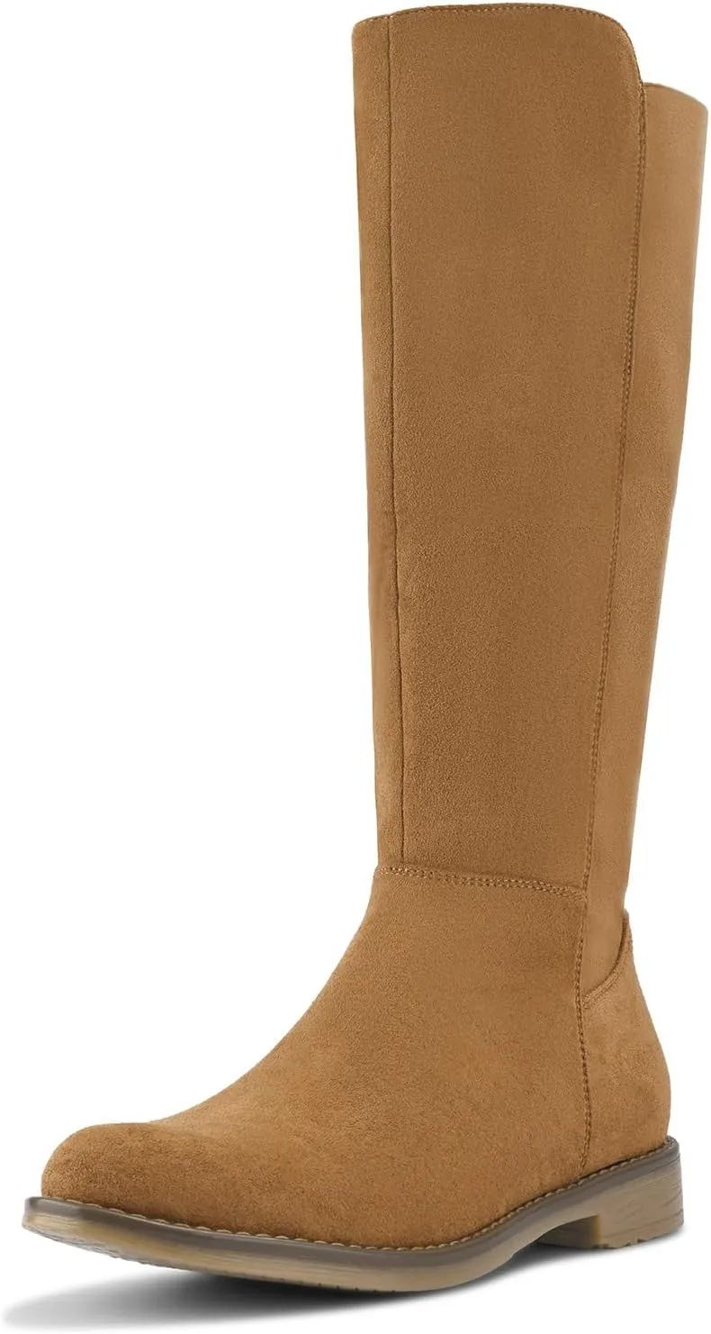 Shoe'N Tale Women's Knee High Boots Flat Low Heel Stretchy Round Toe with Side Zipper