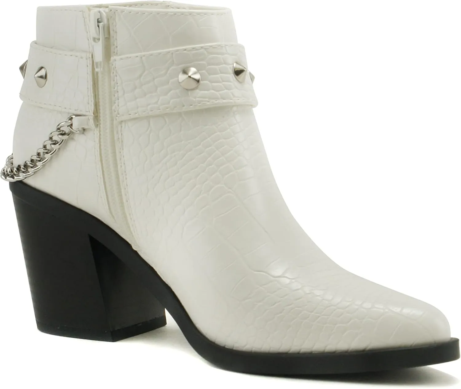 Soda ECOMM – Women Pointed Toe Stacked Block Heels Boot W/Gleaming Chain On Studded Ankle Harness Back Strap w/Functional Zipper