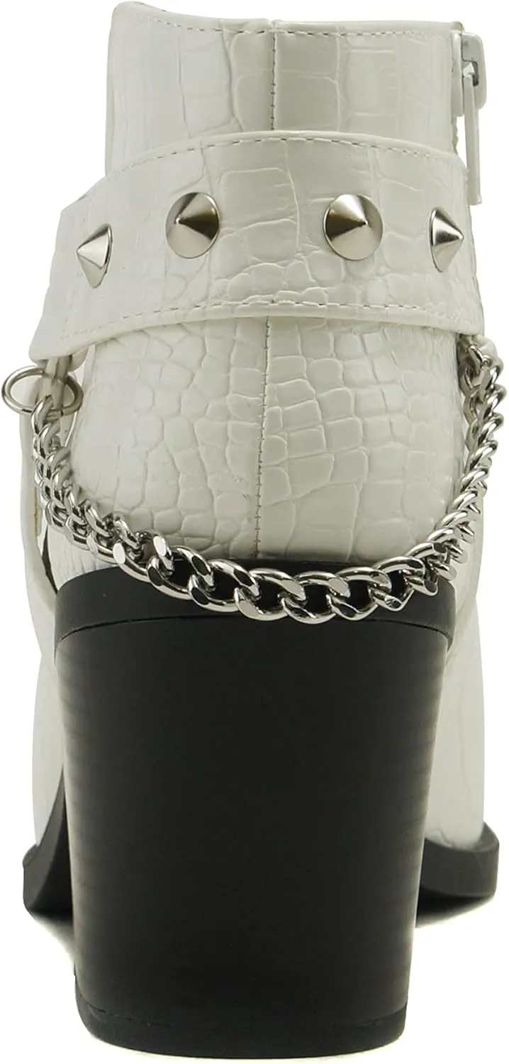 Soda ECOMM – Women Pointed Toe Stacked Block Heels Boot W/Gleaming Chain On Studded Ankle Harness Back Strap w/Functional Zipper