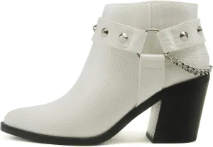 Soda ECOMM – Women Pointed Toe Stacked Block Heels Boot W/Gleaming Chain On Studded Ankle Harness Back Strap w/Functional Zipper