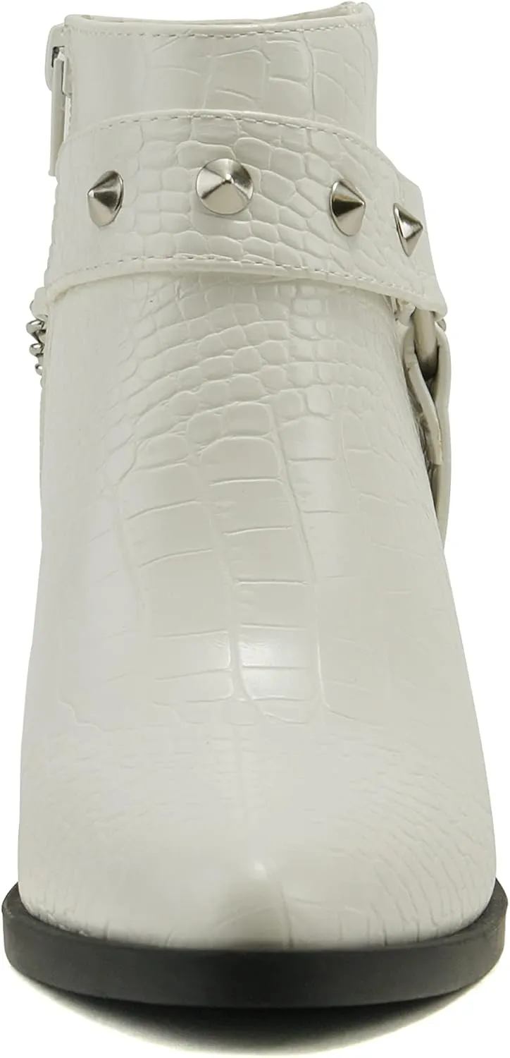 Soda ECOMM – Women Pointed Toe Stacked Block Heels Boot W/Gleaming Chain On Studded Ankle Harness Back Strap w/Functional Zipper