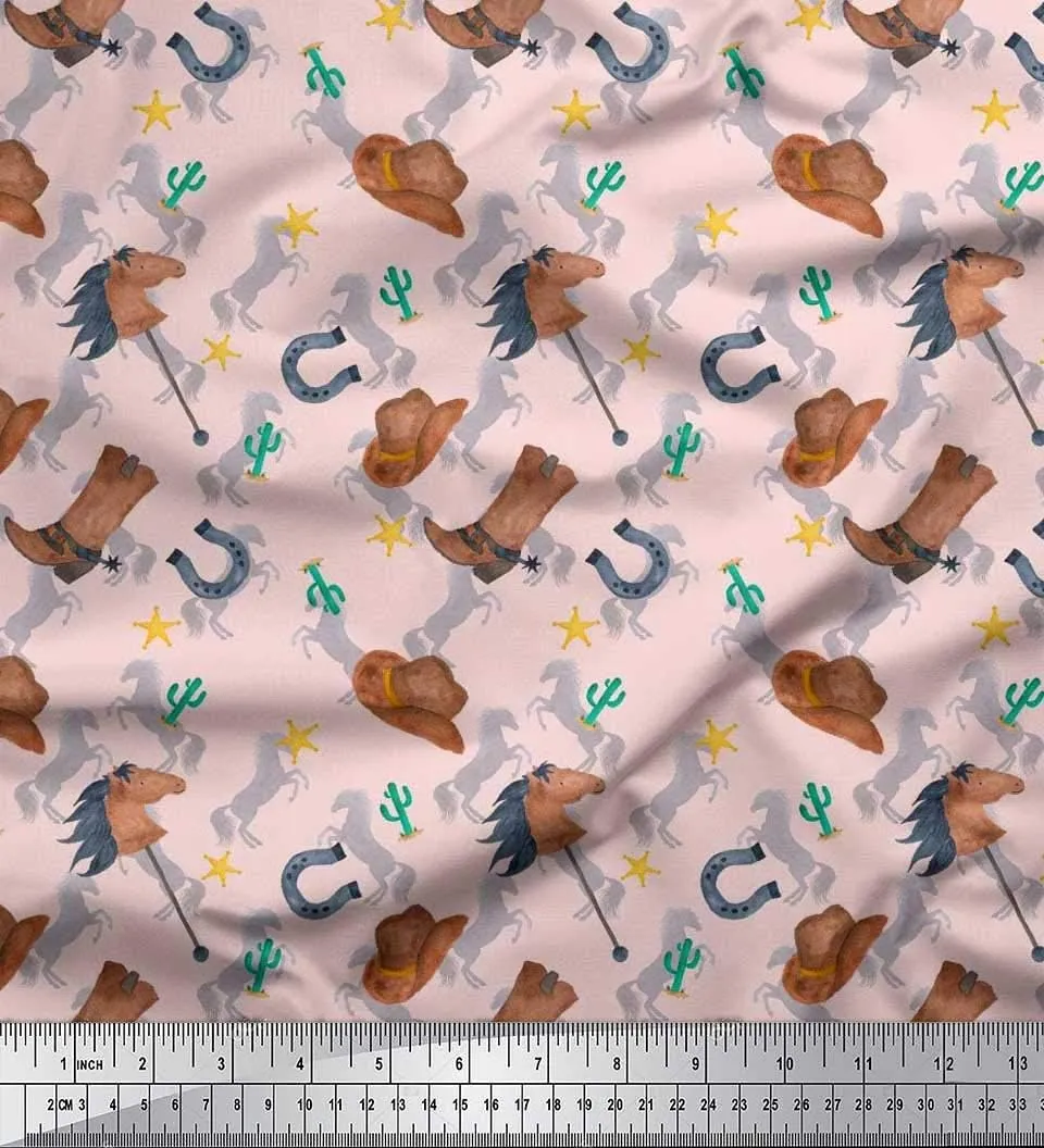 Soimoi Rayon Pink Fabric - by The Yard - 42 Inch Wide - Hat, Boot & Horse Animal Print Fabric - Rustic Charm with Equestrian Elements Printed Fabric