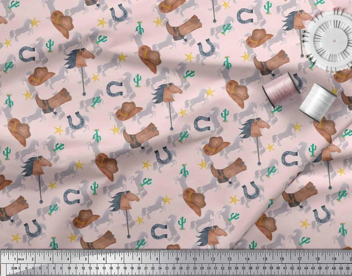Soimoi Rayon Pink Fabric - by The Yard - 42 Inch Wide - Hat, Boot & Horse Animal Print Fabric - Rustic Charm with Equestrian Elements Printed Fabric