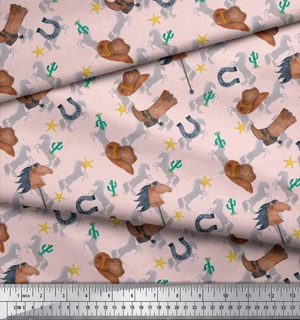 Soimoi Rayon Pink Fabric - by The Yard - 42 Inch Wide - Hat, Boot & Horse Animal Print Fabric - Rustic Charm with Equestrian Elements Printed Fabric