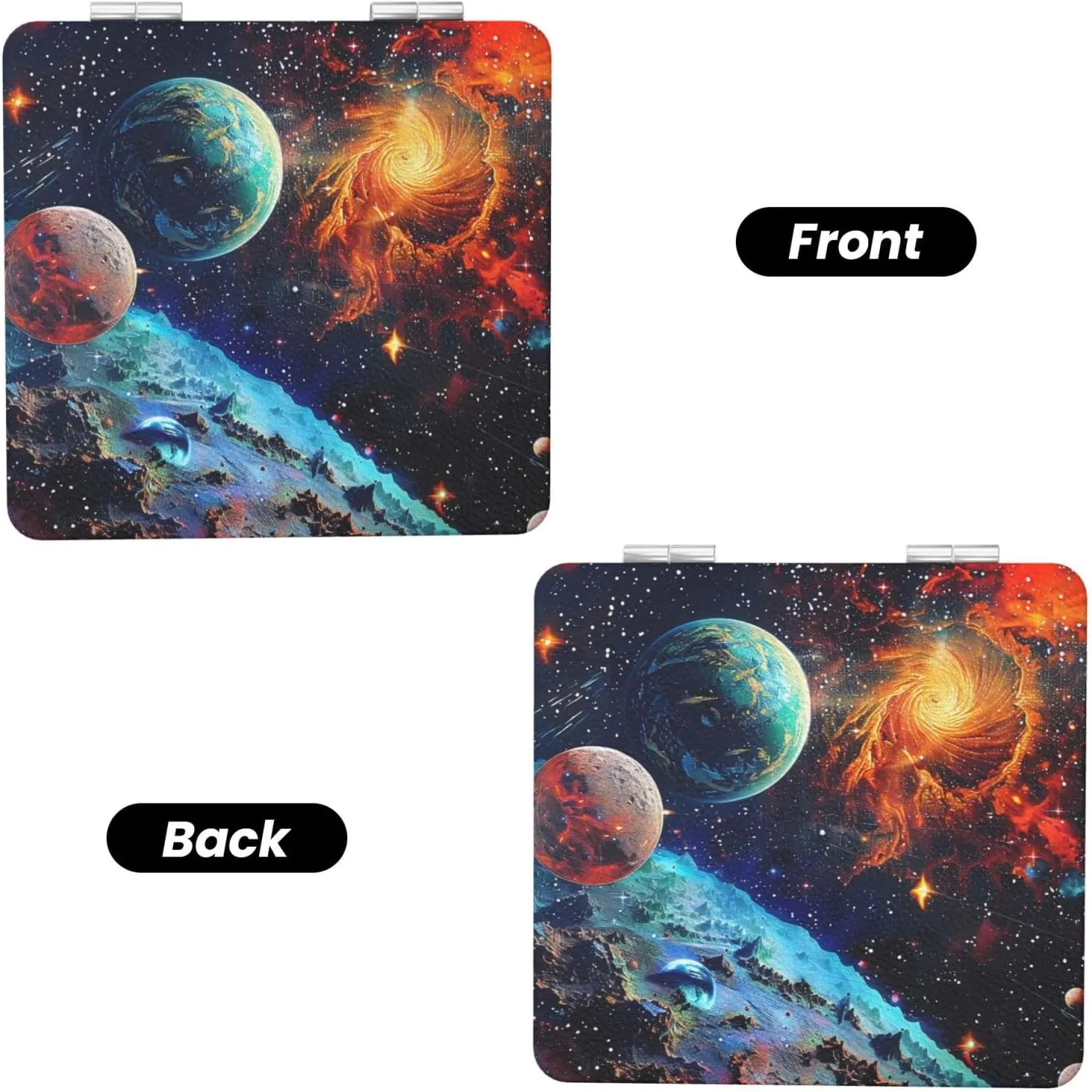 Space Planets Printed Square Pocket Makeup Mirror with 1X/2X Magnification, Portable Mini Travel Makeup Mirror for Travel Daily Work Beauty