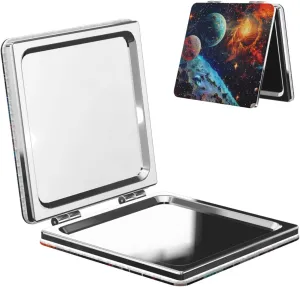 Space Planets Printed Square Pocket Makeup Mirror with 1X/2X Magnification, Portable Mini Travel Makeup Mirror for Travel Daily Work Beauty