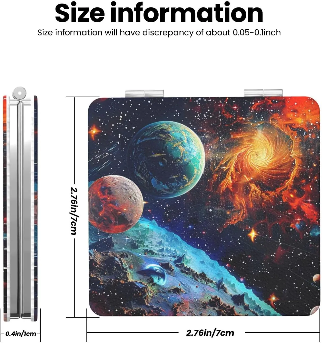 Space Planets Printed Square Pocket Makeup Mirror with 1X/2X Magnification, Portable Mini Travel Makeup Mirror for Travel Daily Work Beauty