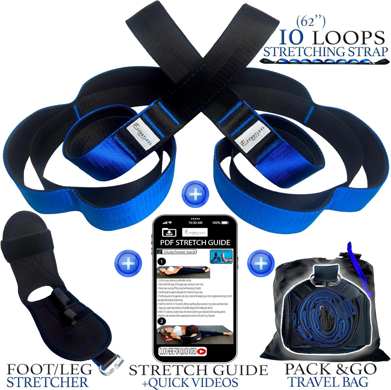 Stretching Strap with loops and attachable foot, leg stretcher, fascia stretcher used for physical therapy, yoga, flex strap, exercise, Plantar Fasciitis, Pain Relief, recovery and increasing mobility