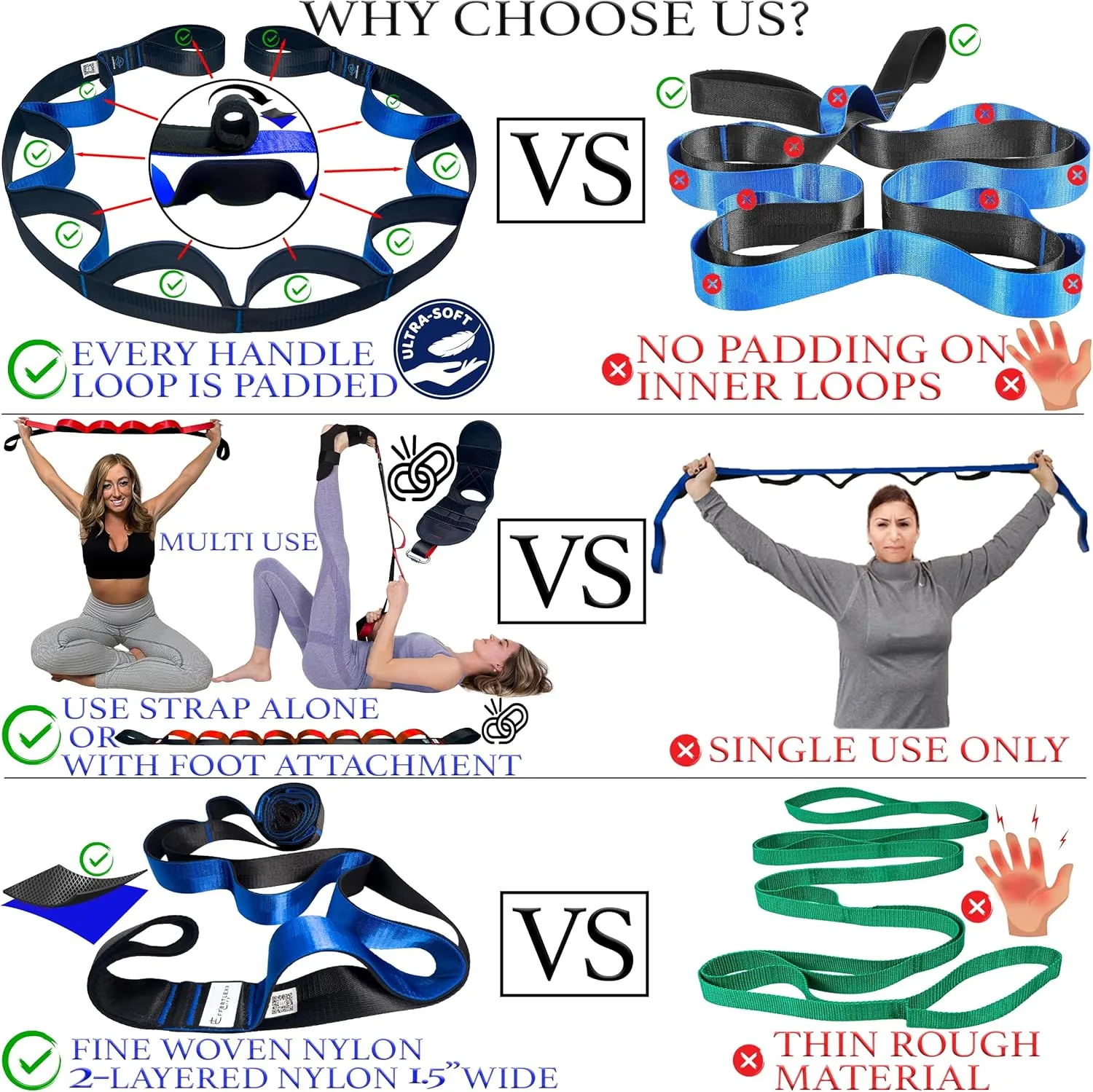 Stretching Strap with loops and attachable foot, leg stretcher, fascia stretcher used for physical therapy, yoga, flex strap, exercise, Plantar Fasciitis, Pain Relief, recovery and increasing mobility