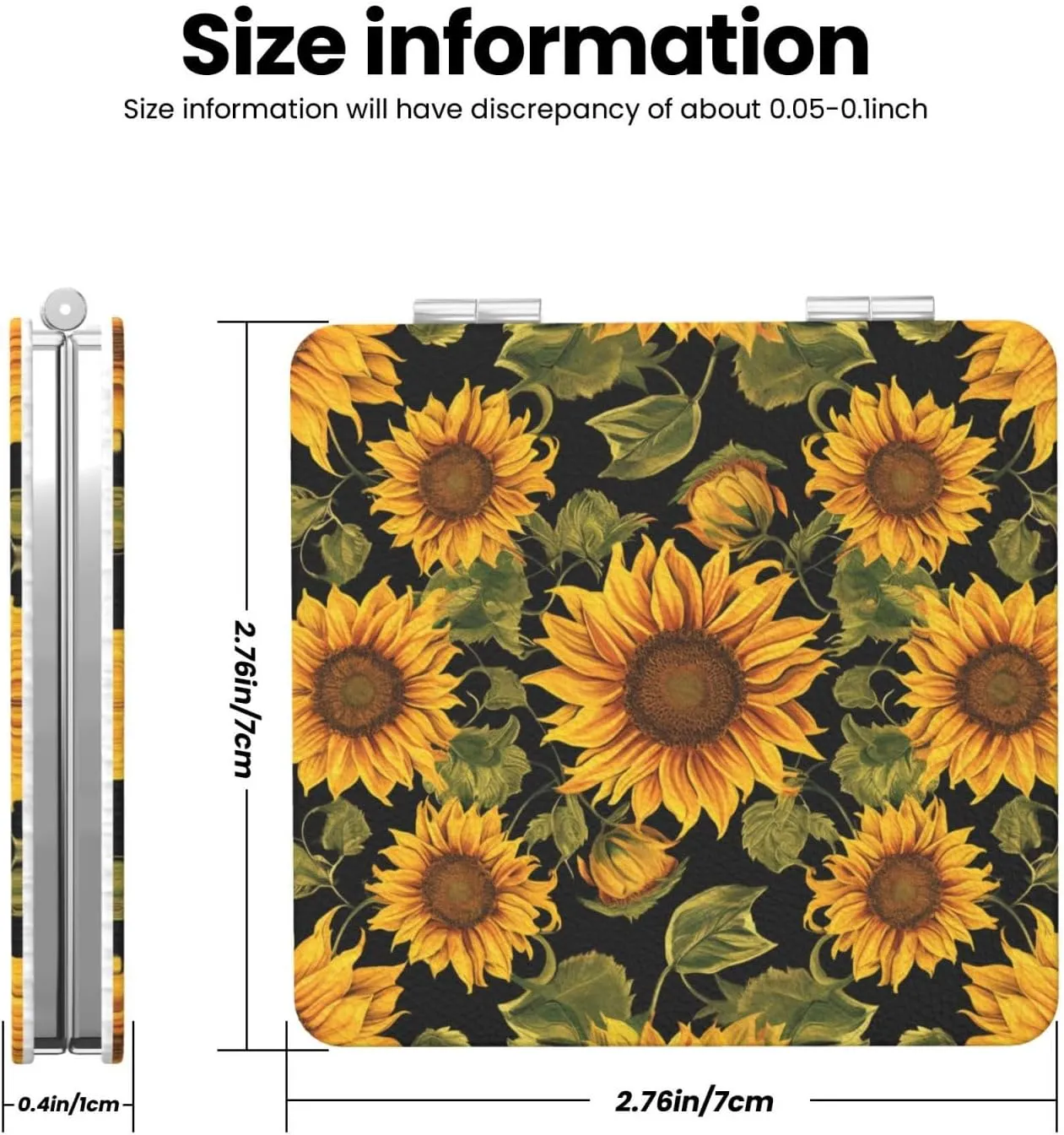 Sunflower Pattern Printed Square Pocket Makeup Mirror with 1X/2X Magnification, Portable Mini Travel Makeup Mirror for Travel Daily Work Beauty