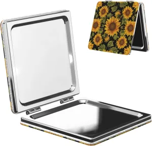 Sunflower Pattern Printed Square Pocket Makeup Mirror with 1X/2X Magnification, Portable Mini Travel Makeup Mirror for Travel Daily Work Beauty