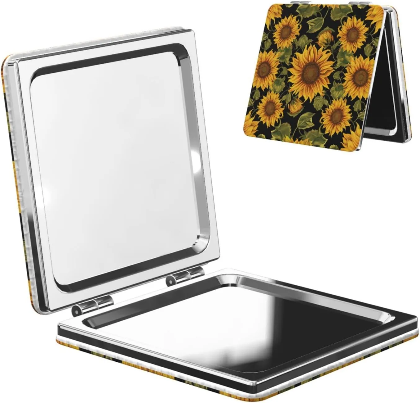 Sunflower Pattern Printed Square Pocket Makeup Mirror with 1X/2X Magnification, Portable Mini Travel Makeup Mirror for Travel Daily Work Beauty